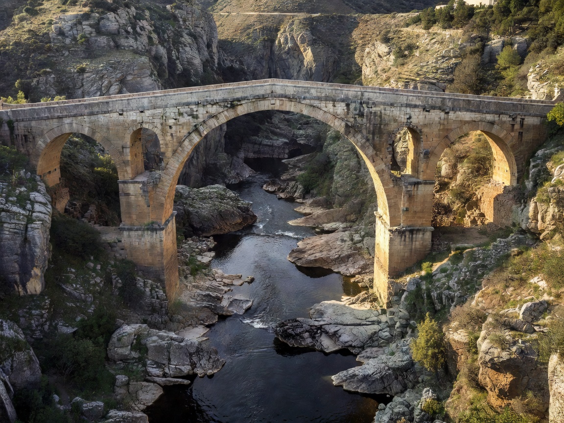 Ancient Roman Stone Bridge of Alcantara spanning the deep Tagus riverbed