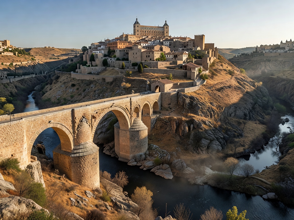 Detailed view of Toledo fortified hilltop and the stone Alcántara bridge over the Tagus river
