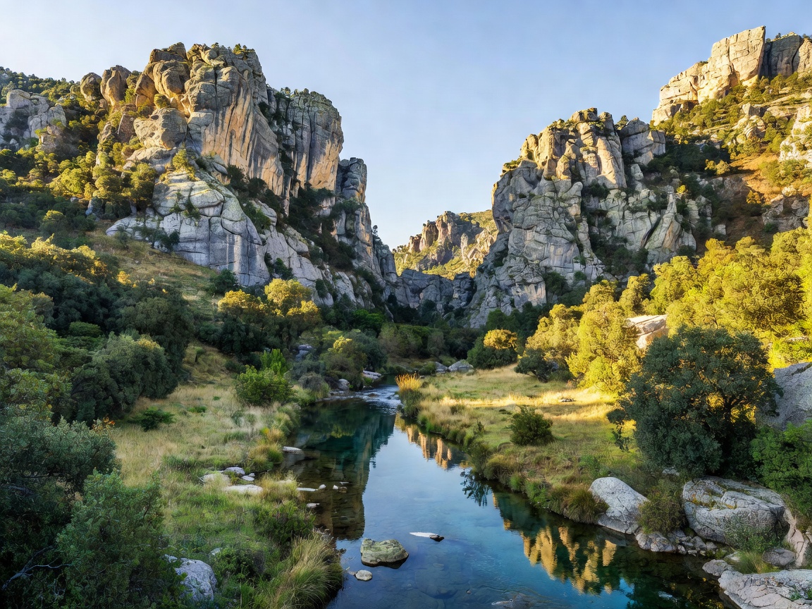 Dramatic rocky canyon cliffs and pristine river wilderness of Monfragüe National Park