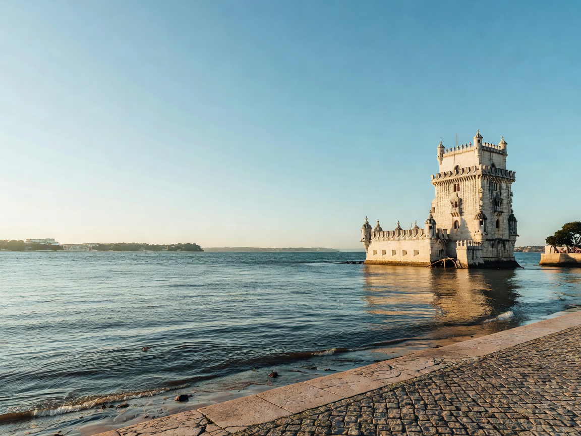 Lisbon riverfront overlooking the wide Tagus estuary and historic Belem tower