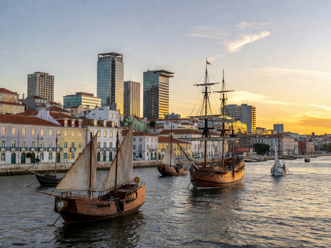 Lisbon waterfront and the broad Tagus river estuary with historic ships and modern skyline