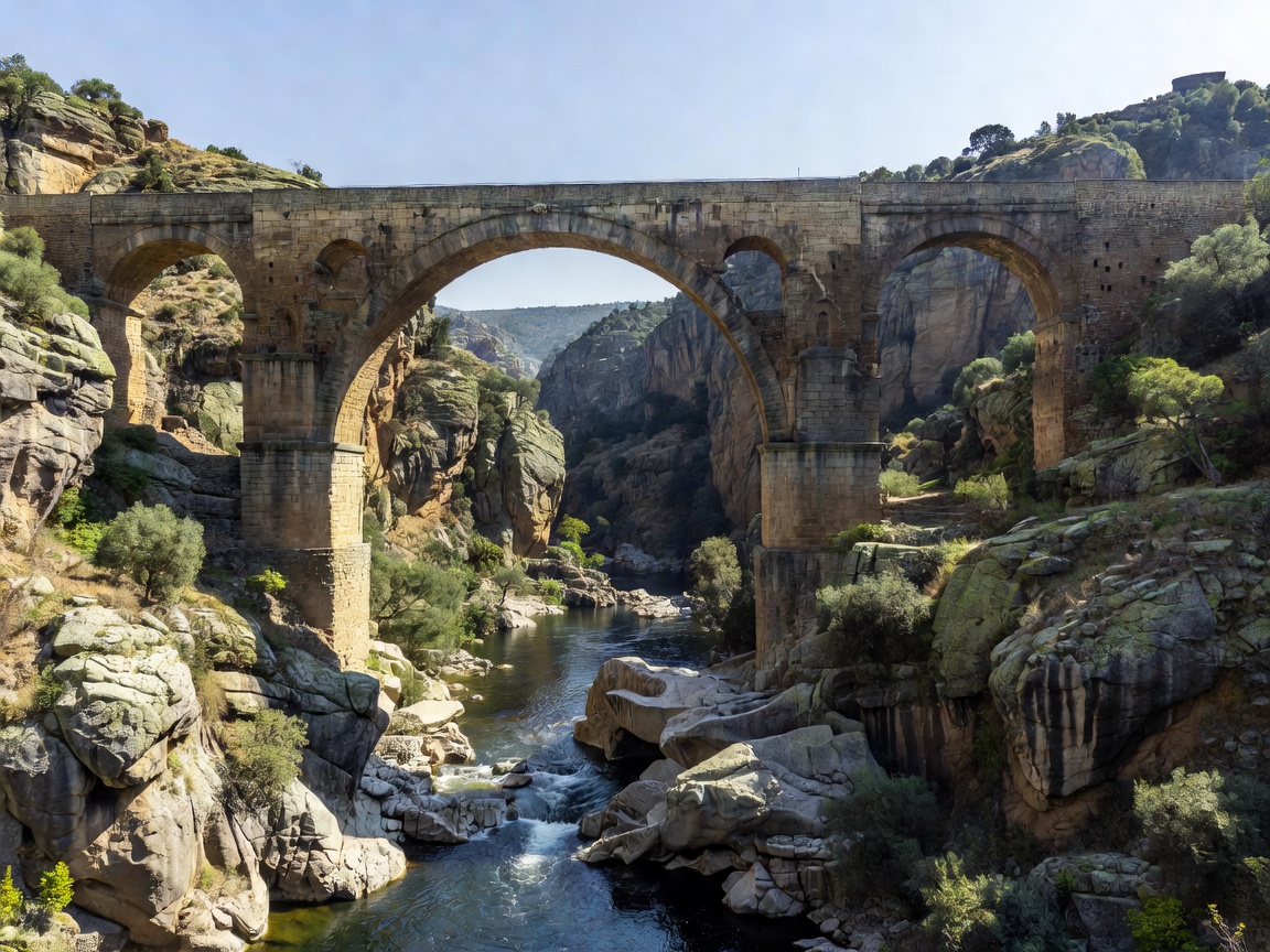 Massive Roman granite arches of the Alcantara Bridge spanning the Tagus river canyon