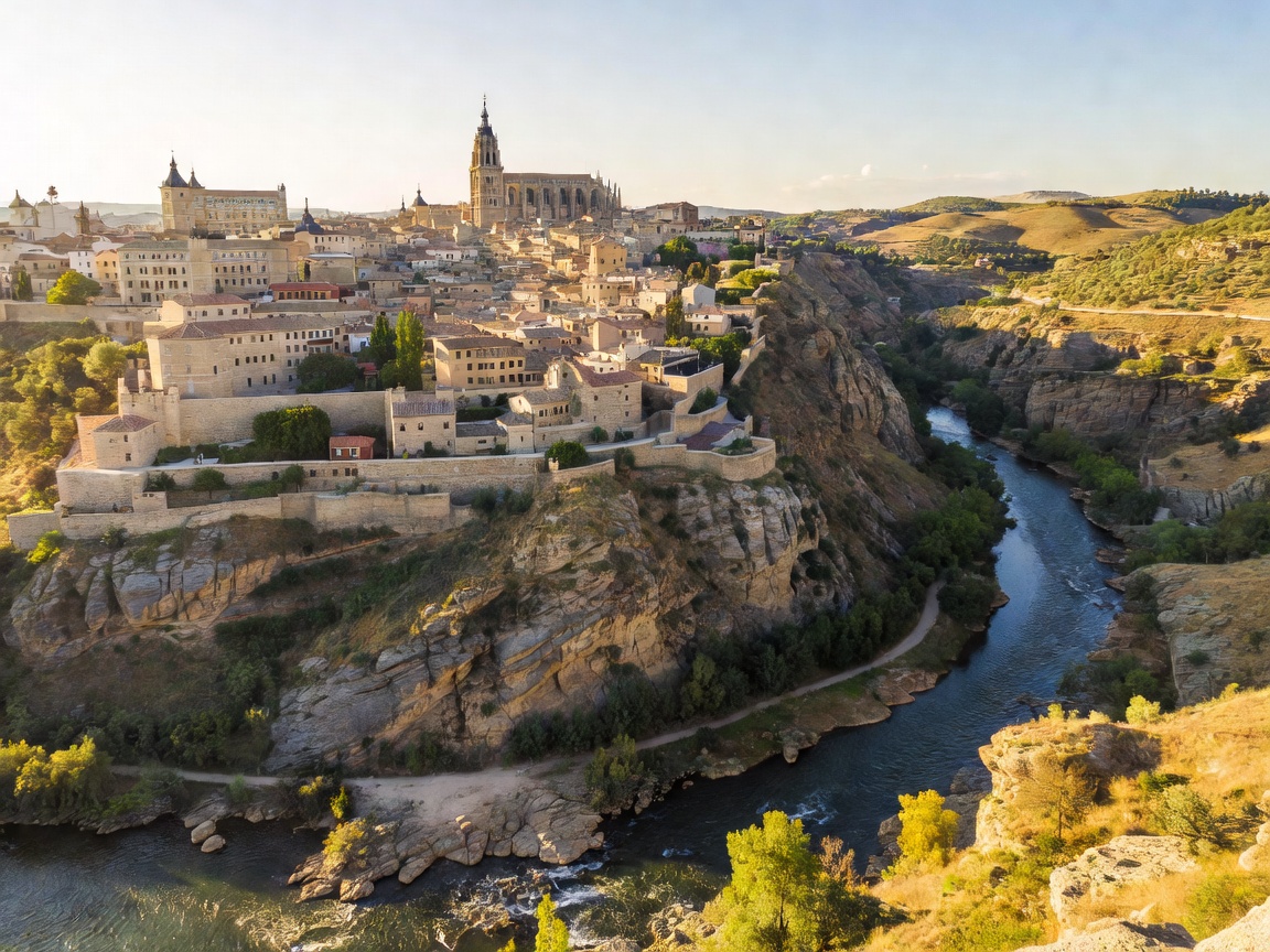 Scenic panoramic view of Toledo perched above the sunlit Tagus River gorge