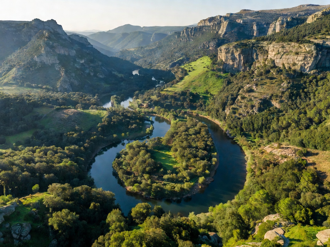 Spectacular aerial view of the Tagus river winding through the mountains of Monfrague National Park